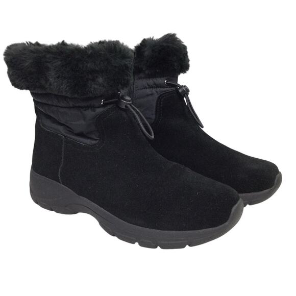 Lands End Suede Faux Fur Trim Quilted Accent Round Toe Black Ankle Bootie 7B - Picture 1 of 13